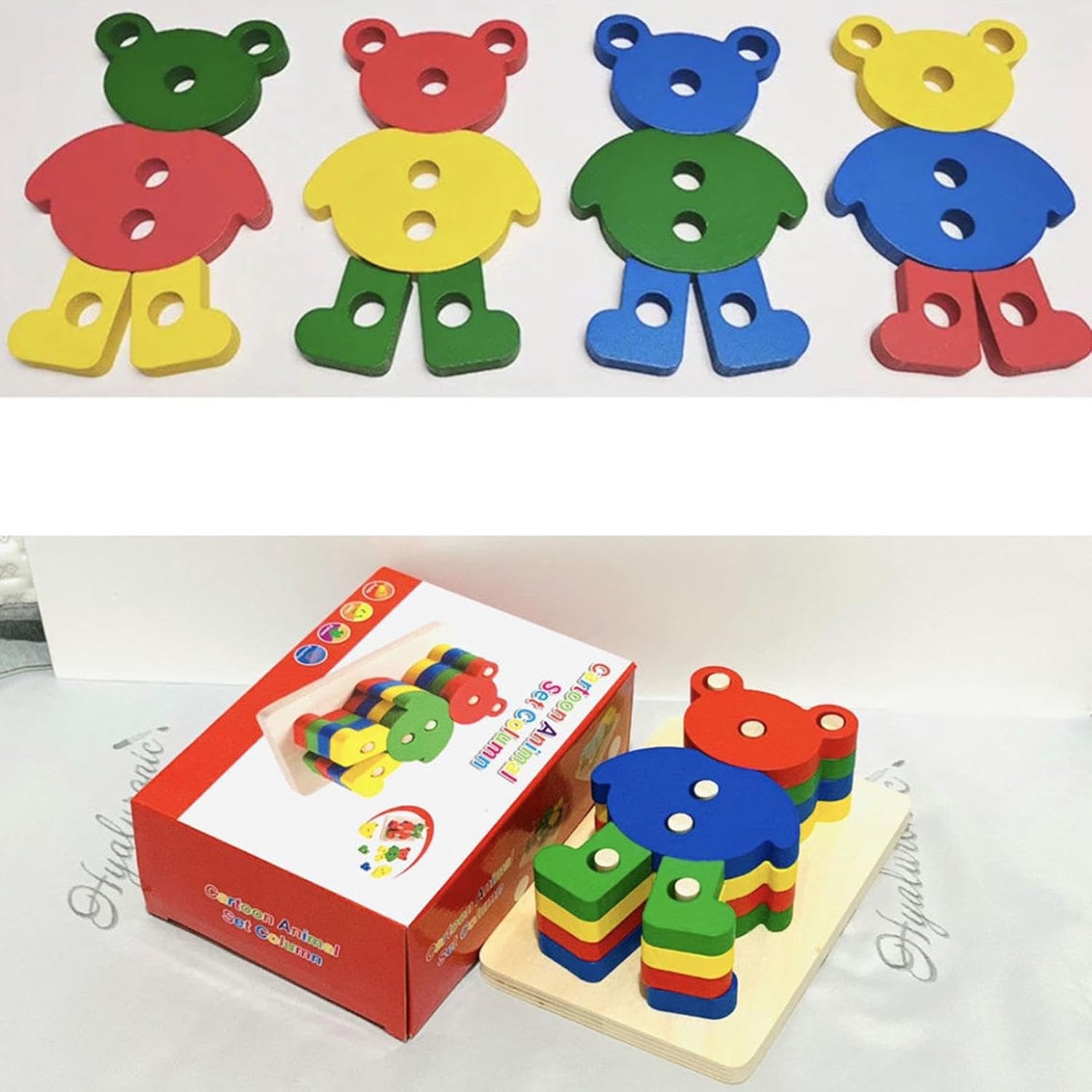 Fidtoy Cartoon Animal Shape Column Wooden Puzzle for Kids, Bear Wooden Sorting and Stacking Toy, Fine Motor Shape Matching Puzzle Age 3+