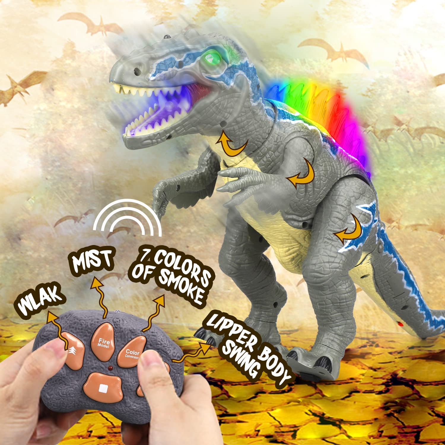 Fidtoy Juguete de dinosaurio con control remoto y pulverizador de niebla para niños