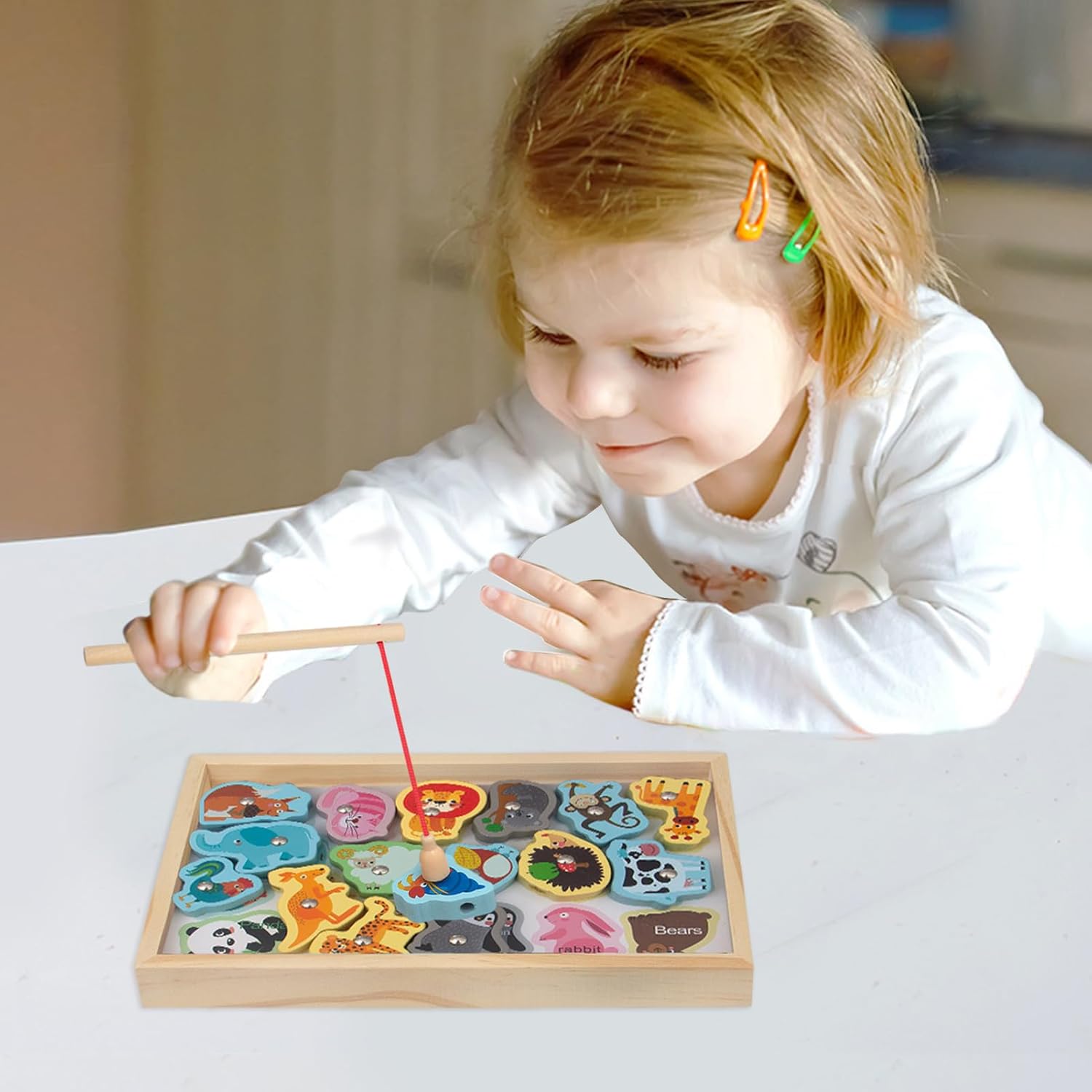 Juguetes de pesca de madera, juego de pesca magnético 2 en 1 seguro e inofensivo - Juego de pesca Montessori sin bordes afilados Regalo de cumpleaños de Navidad para niños y niñas Hiyoyo