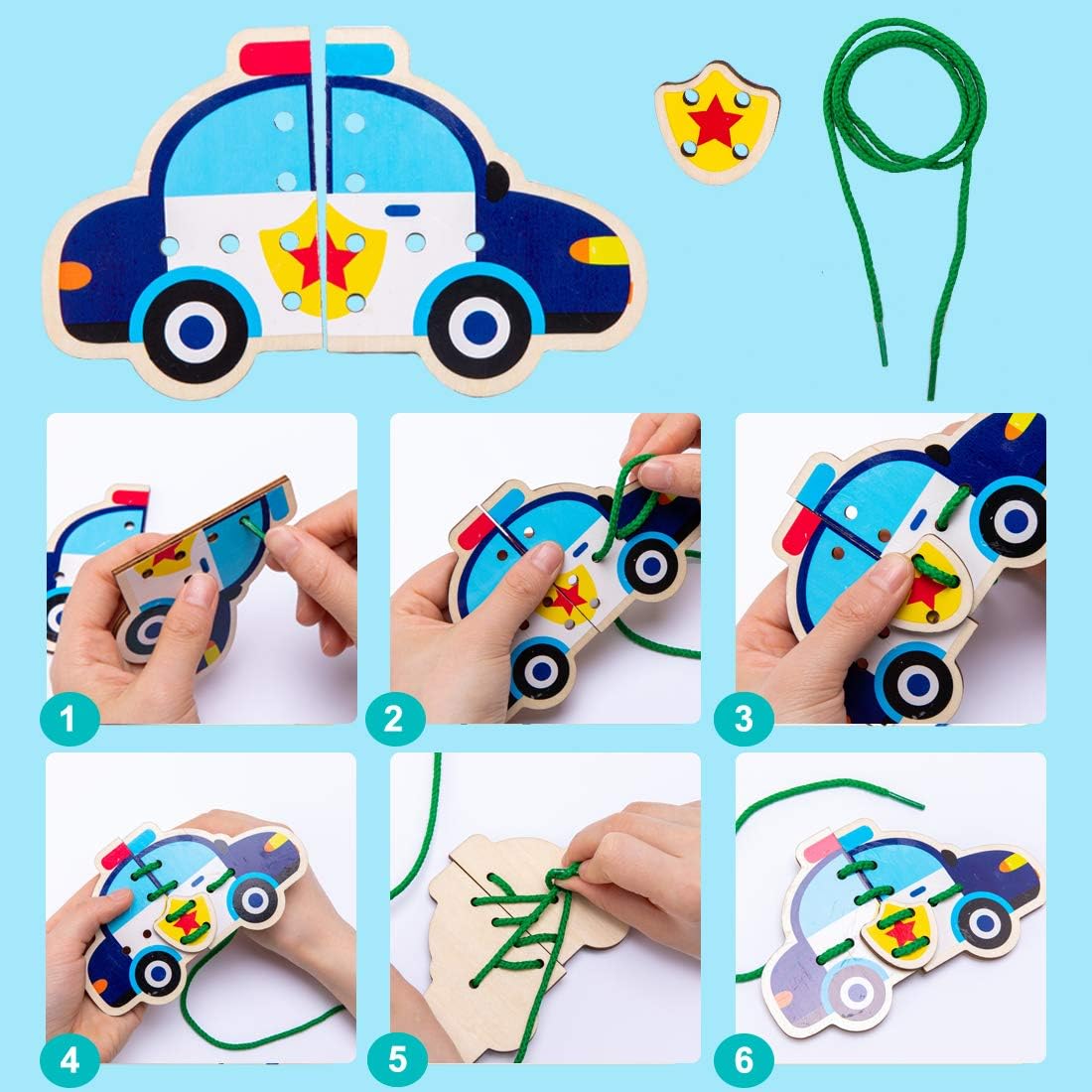Promise Babe - Paquete de 5 tarjetas de encaje de coches de madera, puzle de bloques, juguetes de enhebrar, juguete Montessori, tarjetas de costura para niños pequeños, juguetes educativos preescolares…