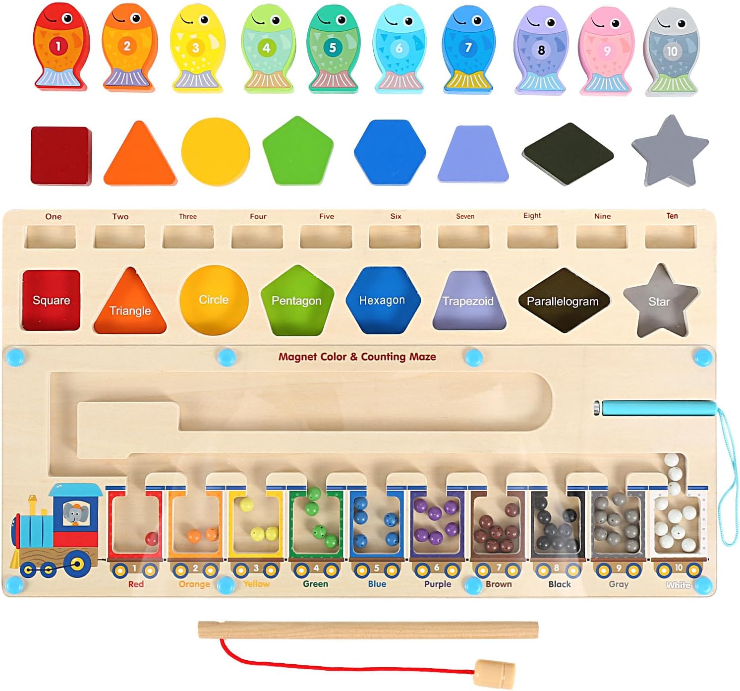 Fidtoy 3 in 1 Montessori Magnetic Maze Toy for Toddlers Color Sorting Shape Matching Fishing Game Learning Board Fine Motor Skills Educational Travel Toy