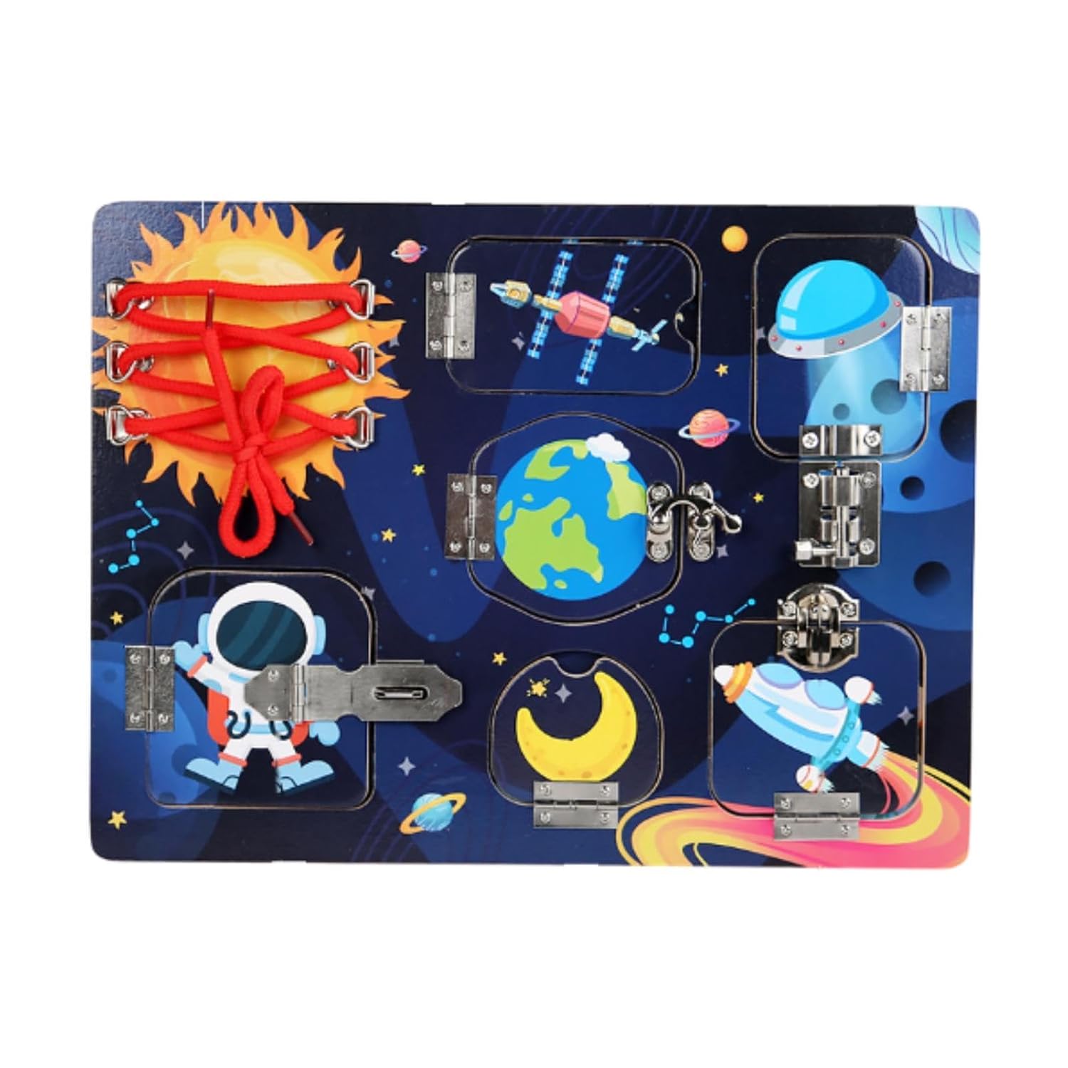 Haz clic para ver la vista completa de la tabla de actividades sensoriales ATORSE Wood Busy Board para niños y niñas, regalo de cumpleaños, temática espacial