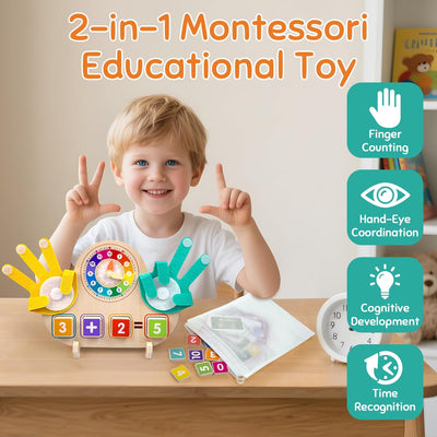 Jouet d'apprentissage Montessori mathématiques et horloge pour enfants de 3 à 5 ans, jouet éducatif en bois avec blocs numériques, aiguilles de comptage et cartes de routine – Apprenez l'addition