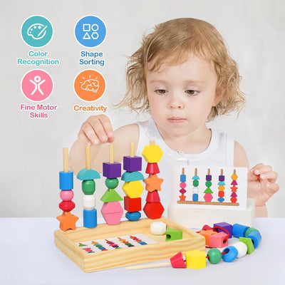 Fidtoy Montessori Jeu d'association de formes en bois, jouet de séquençage et d'enfilage pour les tout-petits