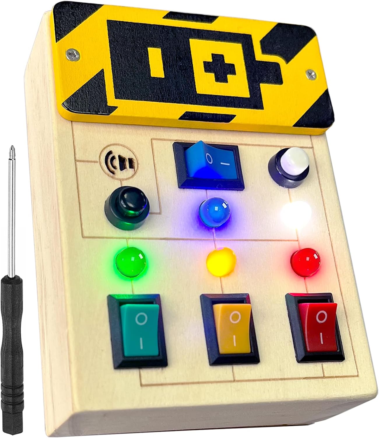 TEUVO Interruptor de luz LED Busy Board para niños pequeños con sonido, juguetes sensoriales de madera Montessori para viajes con botón, regalos para mantener ocupados a niños y niñas de 3 años en adelante