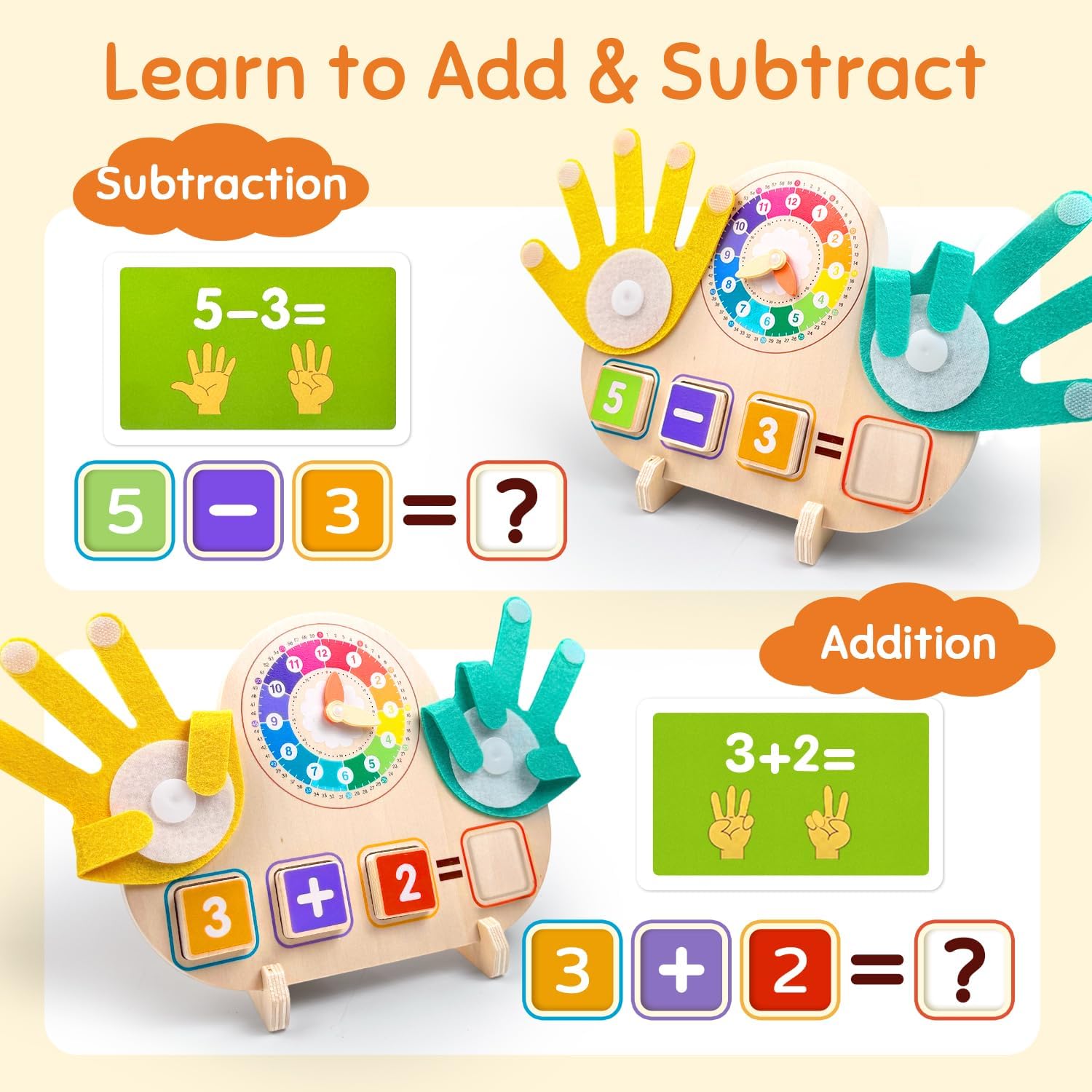 Jouet d'apprentissage Montessori mathématiques et horloge pour enfants de 3 à 5 ans, jouet éducatif en bois avec blocs numériques, aiguilles de comptage et cartes de routine – Apprenez l'addition