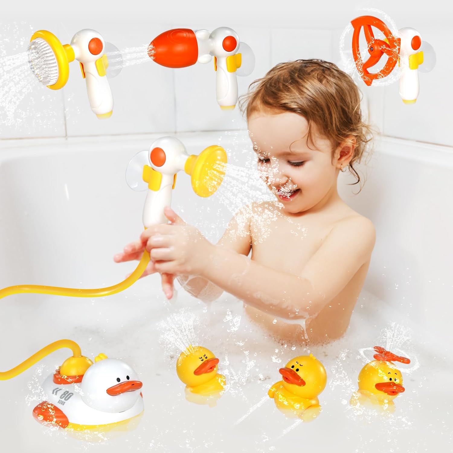 Juego de juguetes de baño Fidtoy Duck con patos rociadores y cabezales de ducha