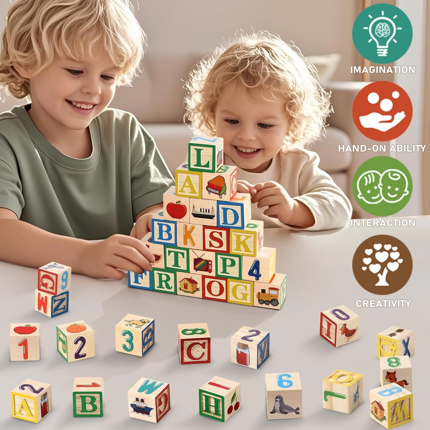 Fidtoy Wooden Word Building Block Box with Cards , Wooden Alphabet Blocks and Picture Cards Set with 27 Blocks, 20 Double-Sided Cards and Storage Box Ages 3+
