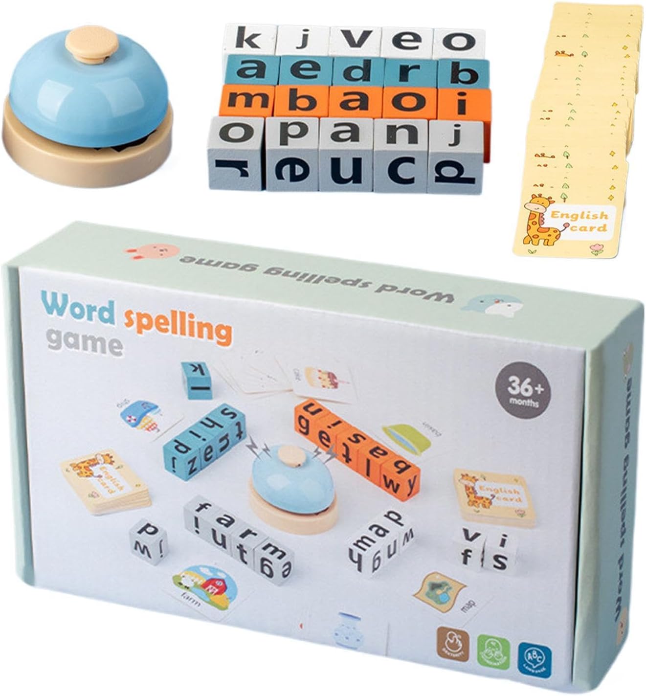 Jeu de blocs d'orthographe en bois Fidtoy avec buzzer, jeu de correspondance de lettres et de construction de mots pour 2 à 4 joueurs de 3 à 8 ans