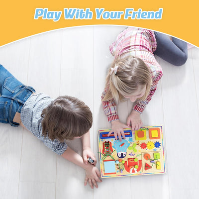 Fidtoy 10in1 Wooden Sensory Busy Board Activity for Toddlers, Wooden Montessori Practical Life Activity Board with Xylophone, Maze, Shape Sorter, Zipper, Clock, Gears and Switches Ages 2-4