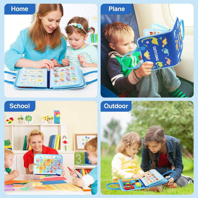 Fidtoy Busy Dinosaur Learning Sensory Fine Motor Book  for Toddlers – 5 Double-Sided Montessori Busy Book with Buckles, Zippers, Numbers, Letters & Weather Activities
