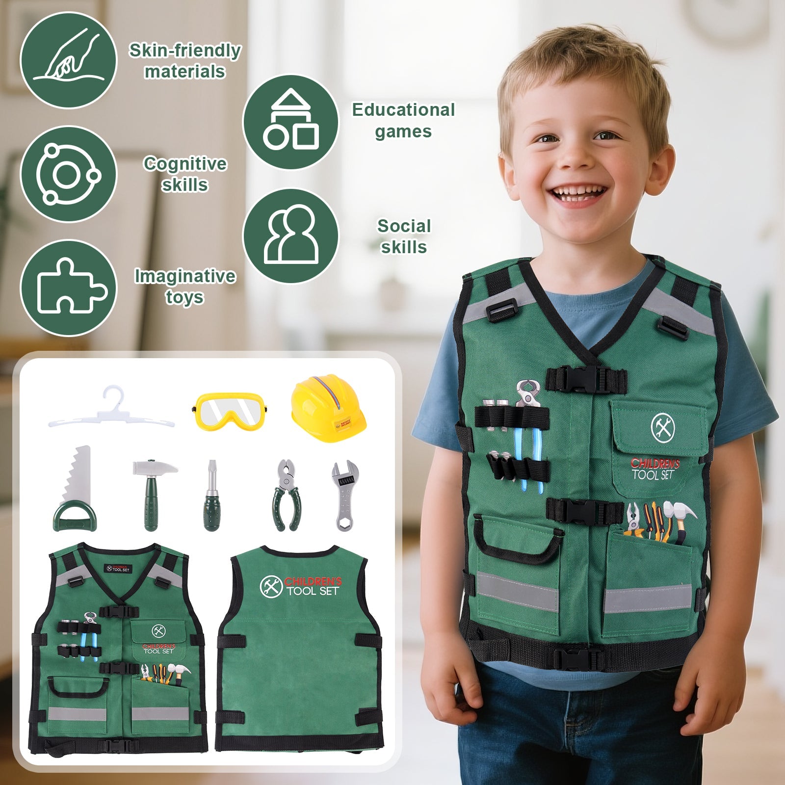 Ensemble de déguisement de construction pour jeu de rôle – Gilet de constructeur réaliste, casque de sécurité, outils et accessoires de jouet – Kit de jeu de simulation STEM pour garçons et filles de 3 ans et plus – Cadeau déguisement