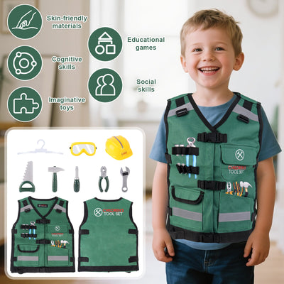 Ensemble de déguisement de construction pour jeu de rôle – Gilet de constructeur réaliste, casque de sécurité, outils et accessoires de jouet – Kit de jeu de simulation STEM pour garçons et filles de 3 ans et plus – Cadeau déguisement