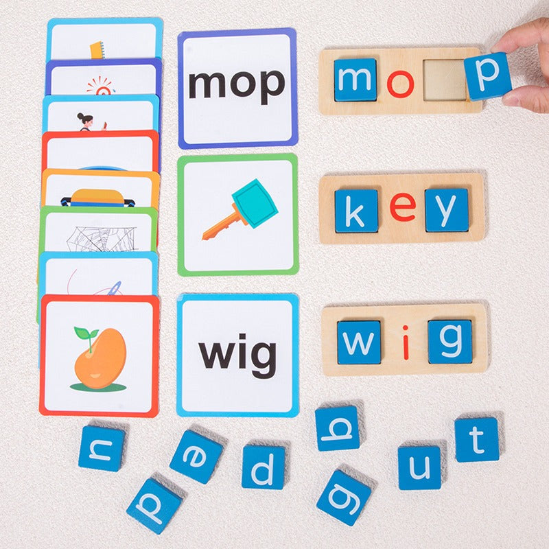 Fidtoy Sight Words Flash Cards Kindergarten Wooden Reading Blocks, 60 Double-Sided CVC Word Cards with Wooden Letter Blocks, Alphabet Spelling Game for Early Reading and Classroom Literacy Play