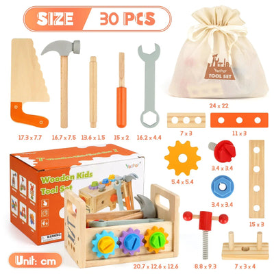 Fidtoy Juego de herramientas de madera para niños, 30 piezas, juguete de construcción para juegos de imitación para niños pequeños