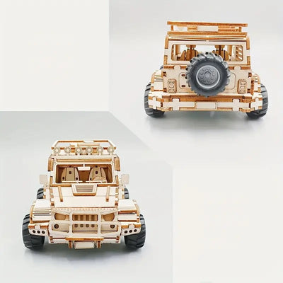 Fidtoy 3D Wooden Mechanical Jeep Pull Back Puzzle 125 Pieces, Wooden SUV Model Building Kit for Teens Adults Beginners Ages 14+