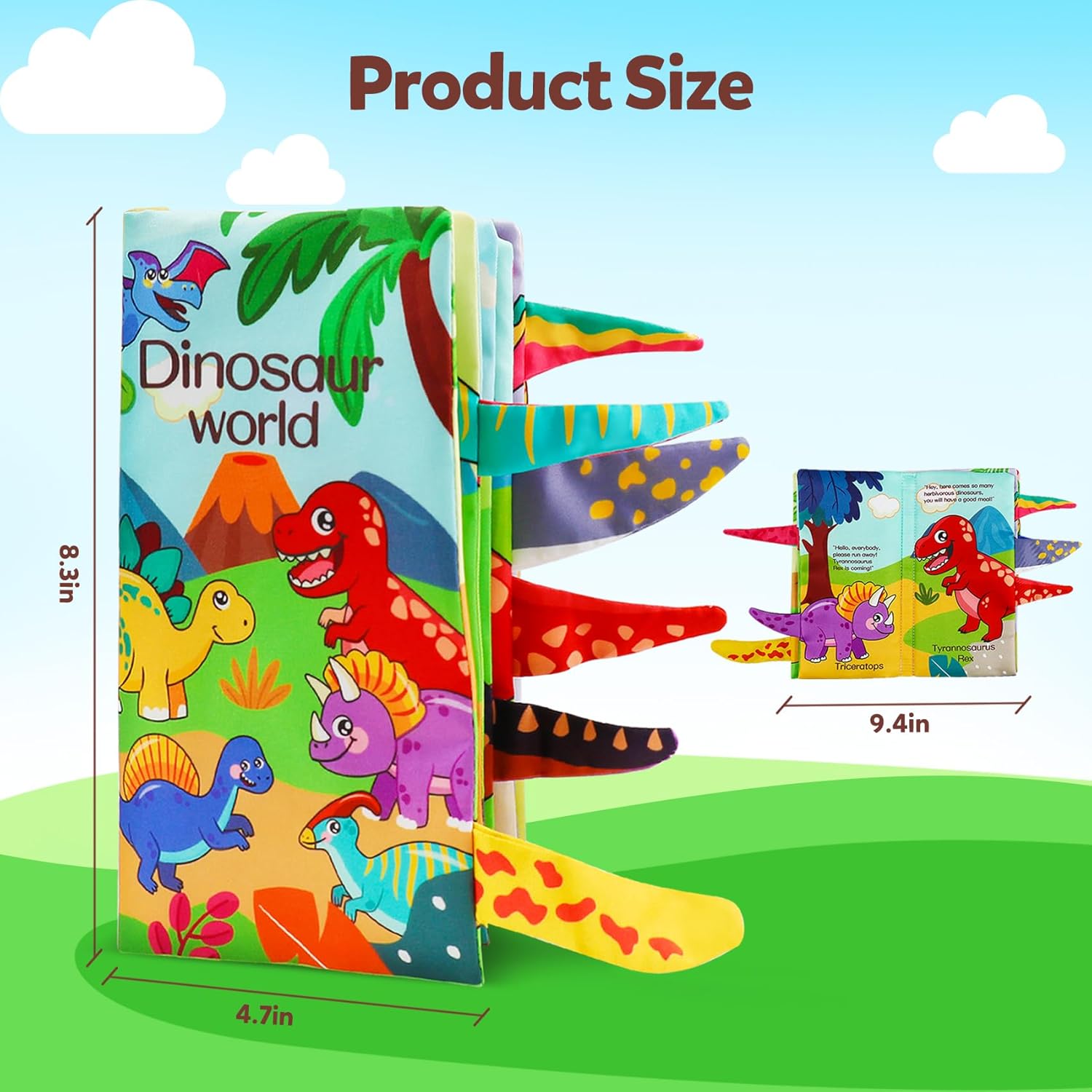Fidtoy Baby Soft Dinosaur Learning Cloth Book Sensory Crinkle Baby Book with Textured Dinosaur Tails for Infants and Toddlers Ages 0-2
