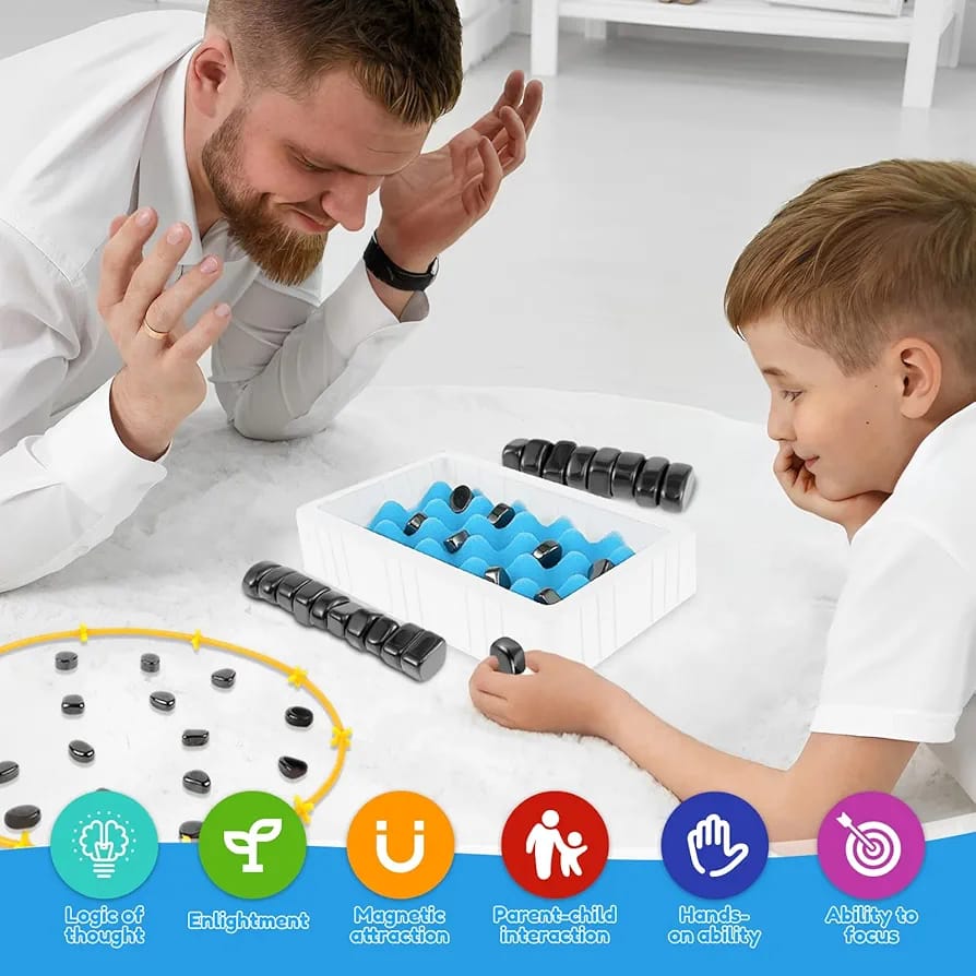 Fidtoy Magnetic Effect Chess Stone Family Board Game, Magnetic Stone Strategy Game with Sponge Board, Game Rope and Storage Bag, Family Logic Board Game Ages 3+