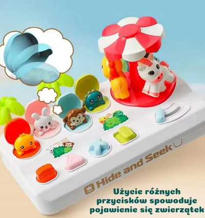Fidtoy Pop Up Hide and Seek Animal Puzzle for Kids Interactive Animal Carousel Toy with Shape Buttons Fine Motor Play Ages 3+