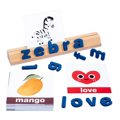 Fidtoy Zebra Vocabulary Building Wooden Spelling Game, Wooden Preschool Word Matching Toy with 78 Letter Blocks, 50 Cards and Wooden Card Slot Ages 3+