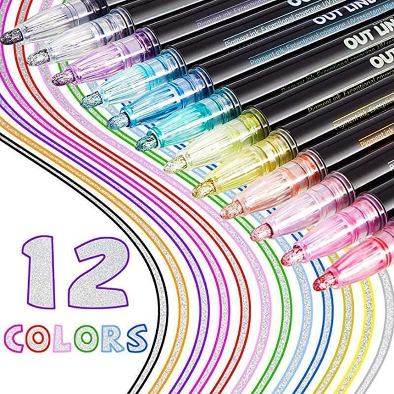 Fidtoy Colorful Outline Gel Markers 12 Pieces Non Toxic Art Markers for Kids DIY Crafts