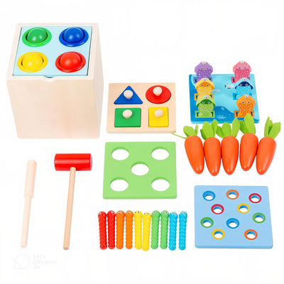 Fidtoy 5-in-1 Hammering Toy – Wooden Montessori Activity Set for Toddlers, Shape Sorting, Magnetic Fishing, Fine Motor Skills