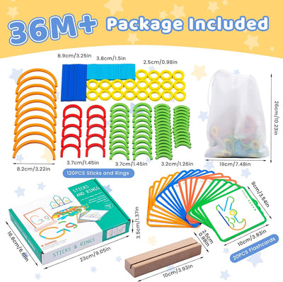 Fidtoy Wooden Sticks and Rings Pattern Matching Puzzle Cards Montessori Fine Motor Memory Toy for Kids Ages 3 to 8