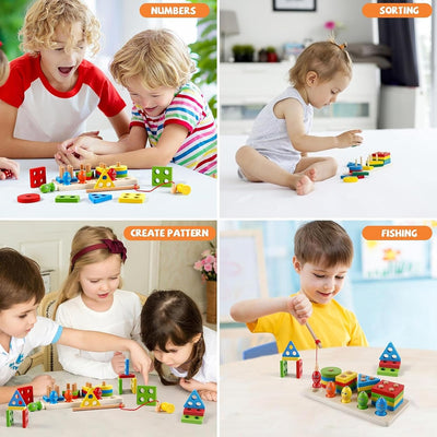 Fidtoy 3 en 1 Kit d'Activités Abeilles et Pêche Magnétique Formes à Colonnes, Jouet en Bois de Tri des Formes et de Développement de la Motricité Fine pour les Enfants de 2 à 6 Ans