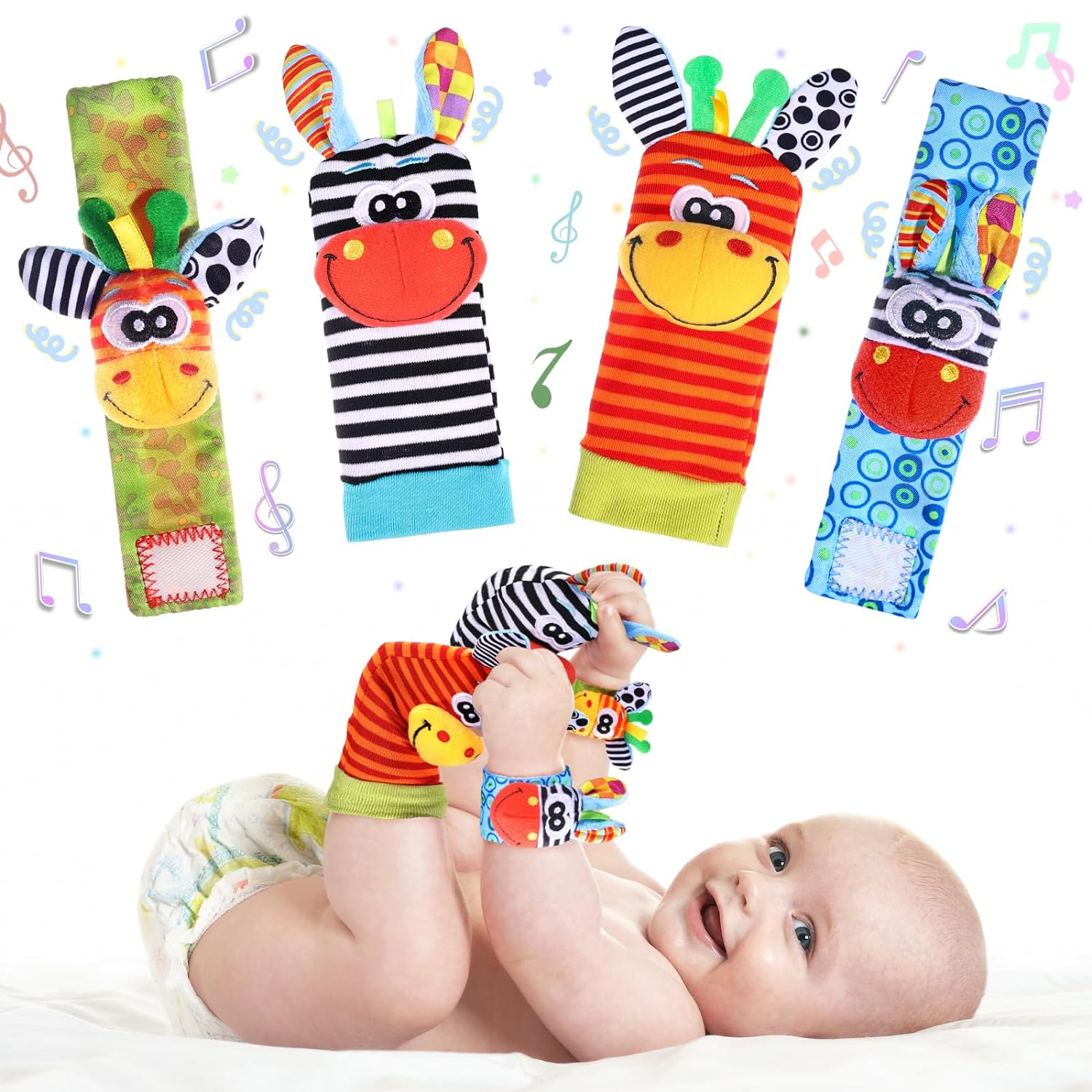 Fidtoy Baby Wrist and Foot Rattle Toy Set – Newborn Sensory Development Socks and Wrist Rattles for Infants 0-12 Months