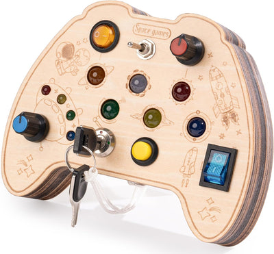 KidMigo Planche d'activités Montessori en bois avec interrupteur LED et interrupteurs à clé pour la motricité fine, jouets sensoriels pour les 2-5 ans et plus