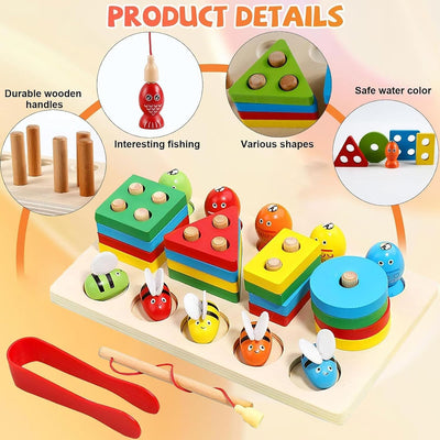 Fidtoy 3 en 1 Kit d'Activités Abeilles et Pêche Magnétique Formes à Colonnes, Jouet en Bois de Tri des Formes et de Développement de la Motricité Fine pour les Enfants de 2 à 6 Ans