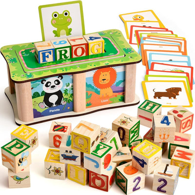 Fidtoy Wooden Word Building Block Box with Cards , Wooden Alphabet Blocks and Picture Cards Set with 27 Blocks, 20 Double-Sided Cards and Storage Box Ages 3+