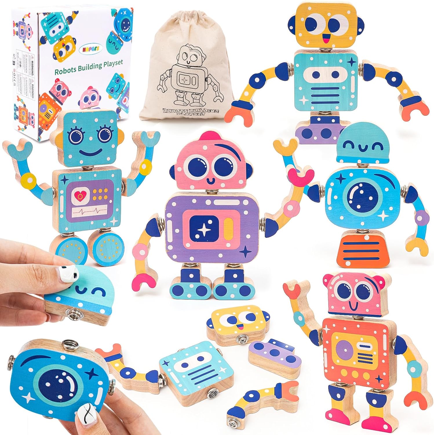 Fidtoy Wooden Robot Building Toy Snap Construction Set for Kids