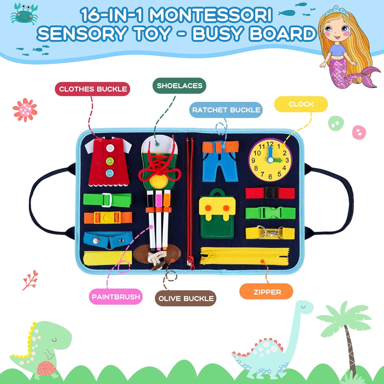 MAMPO Busy Board Juguetes Montessori para Niños de 1 2 3 4 Años, Juguete de Viaje para Niños Pequeños para Aprender Habilidades Básicas con Alfabeto y Juegos de Emparejamiento, Busy Board Portátil Temática de Animales 16 en 1