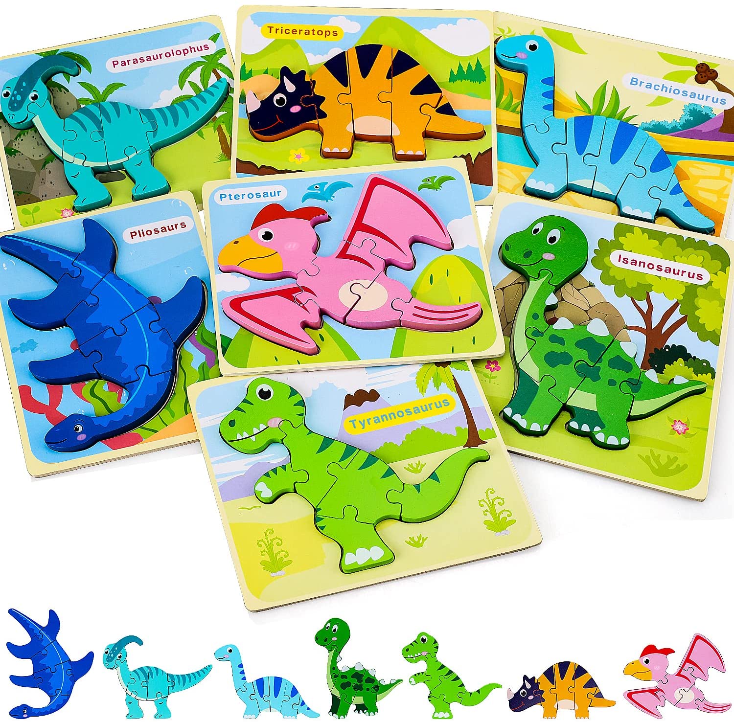 Set de rompecabezas de madera de dinosaurios Fidtoy para niños, juguete de aprendizaje temprano