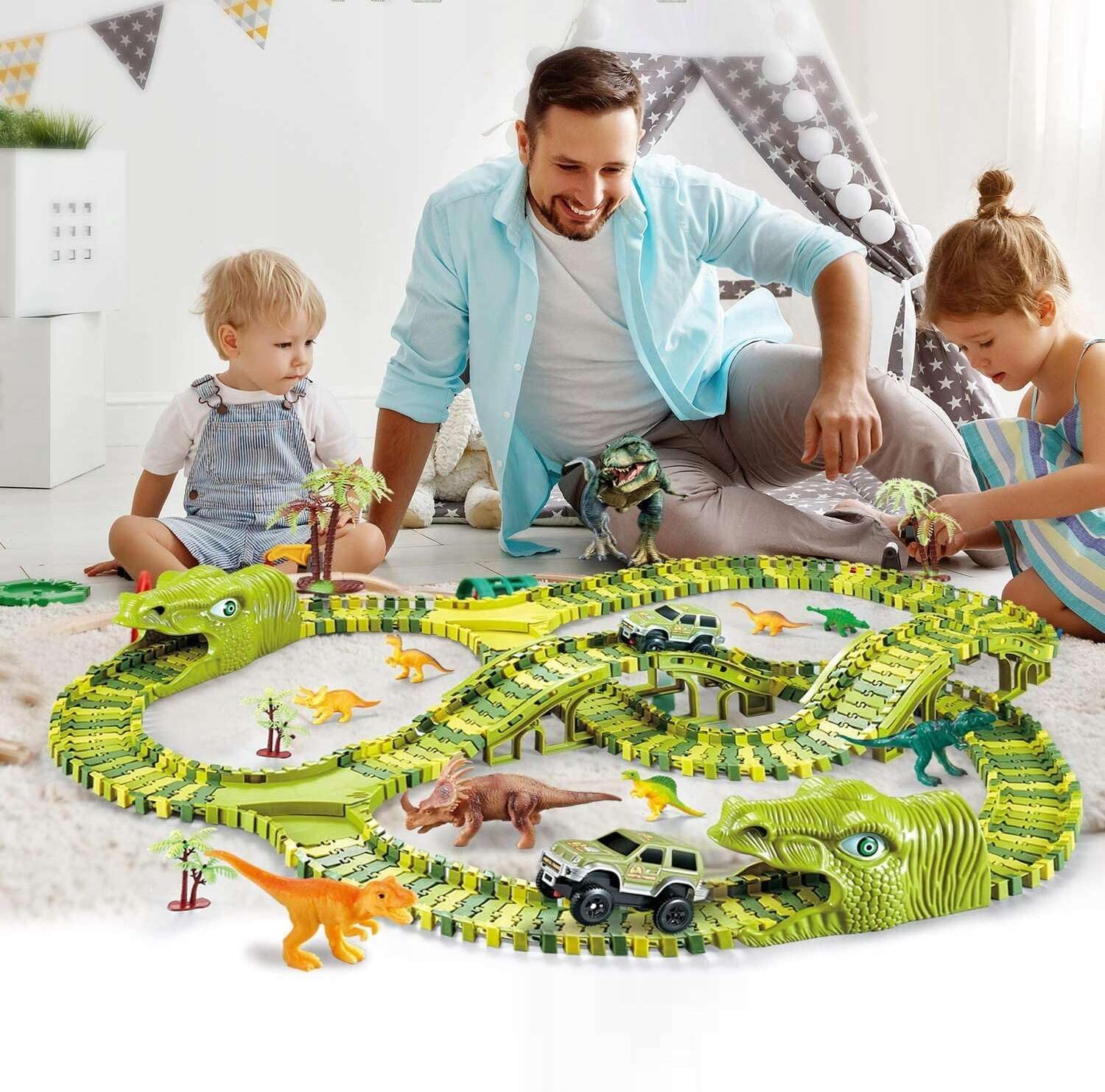 Fidtoy Circuit de course de dinosaures pour enfants – Piste jurassique flexible avec voiture dinosaure motorisée, boucle à 360°, pont, figurines de dinosaures et jeu de construction créatif