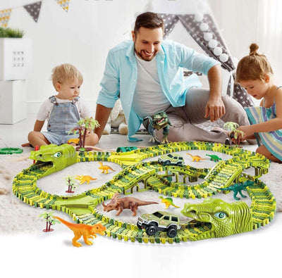 Fidtoy Circuit de course de dinosaures pour enfants – Piste jurassique flexible avec voiture dinosaure motorisée, boucle à 360°, pont, figurines de dinosaures et jeu de construction créatif