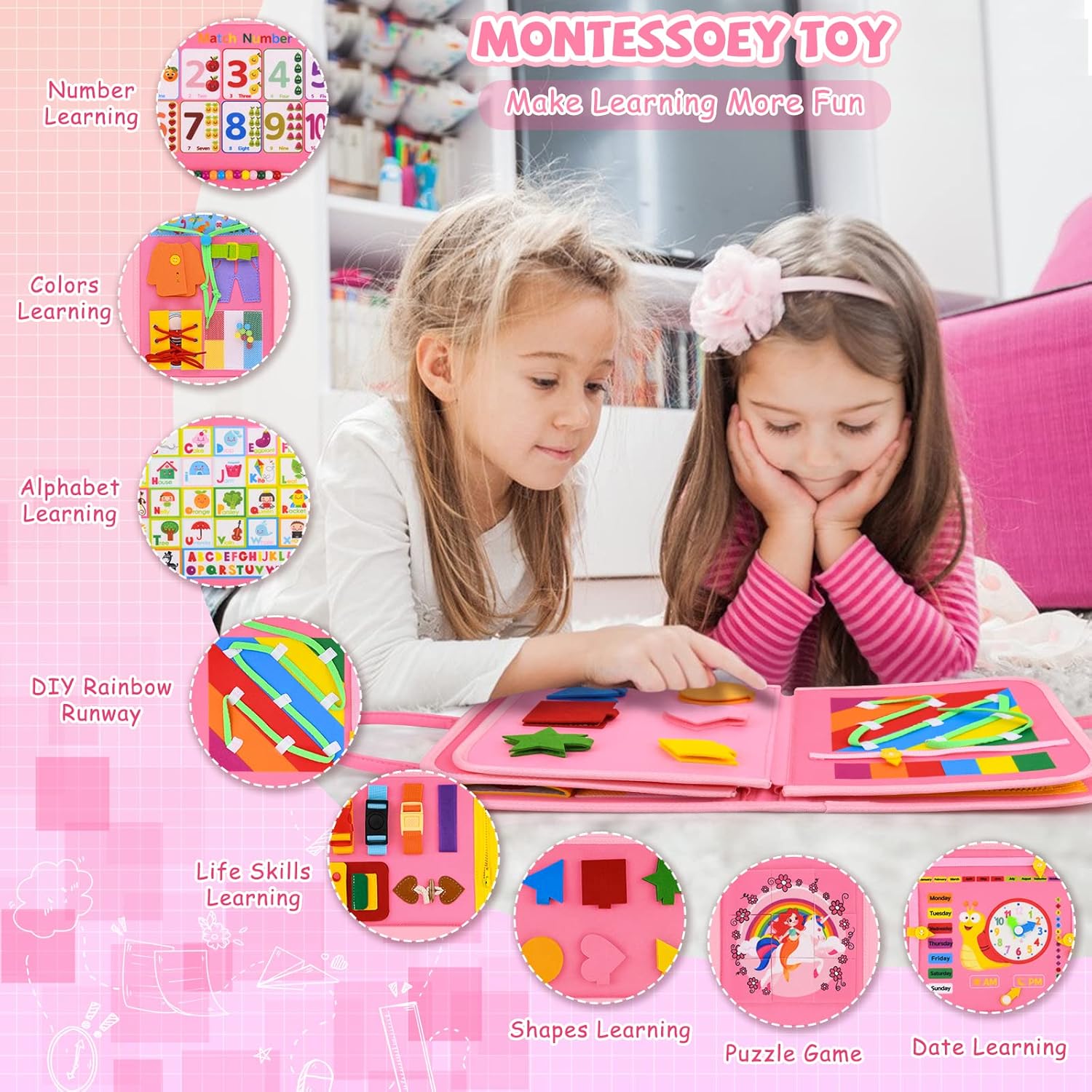 Juguetes Montessori Busy Board para Niños Pequeños de 1 a 4 años, Actividades Educativas Preescolares, Tabla Sensorial para Desarrollar Habilidades Motoras Finas y Básicas de Vestimenta/Juguetes de Viaje para Avión o Coche, Regalo para Niñas y Niños