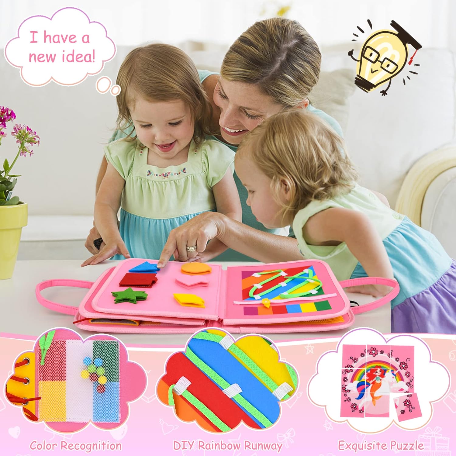 Busy Board Montessori Toys for 1-4 Year Old Toddler, Preschool Educational Learning Activities Developing Sensory Board for Fine Basic Dress Motor Skills/Travel Toys for Plane Car, Gift for Girls Boys
