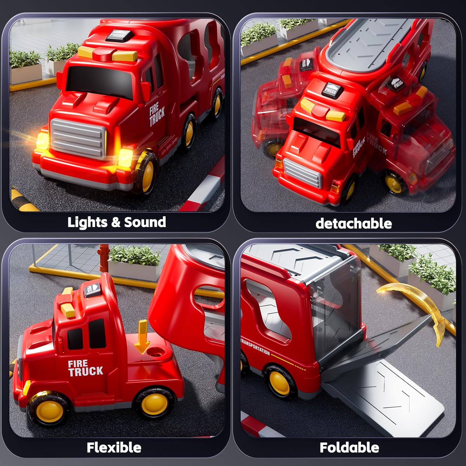Camion de pompier Fidtoy 5-en-1 avec hélicoptère, échelle, lumières et sons pour enfants
