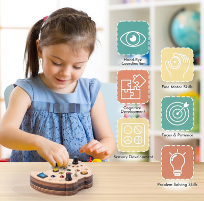KidMigo Planche d'activités Montessori en bois avec interrupteur LED et interrupteurs à clé pour la motricité fine, jouets sensoriels pour les 2-5 ans et plus