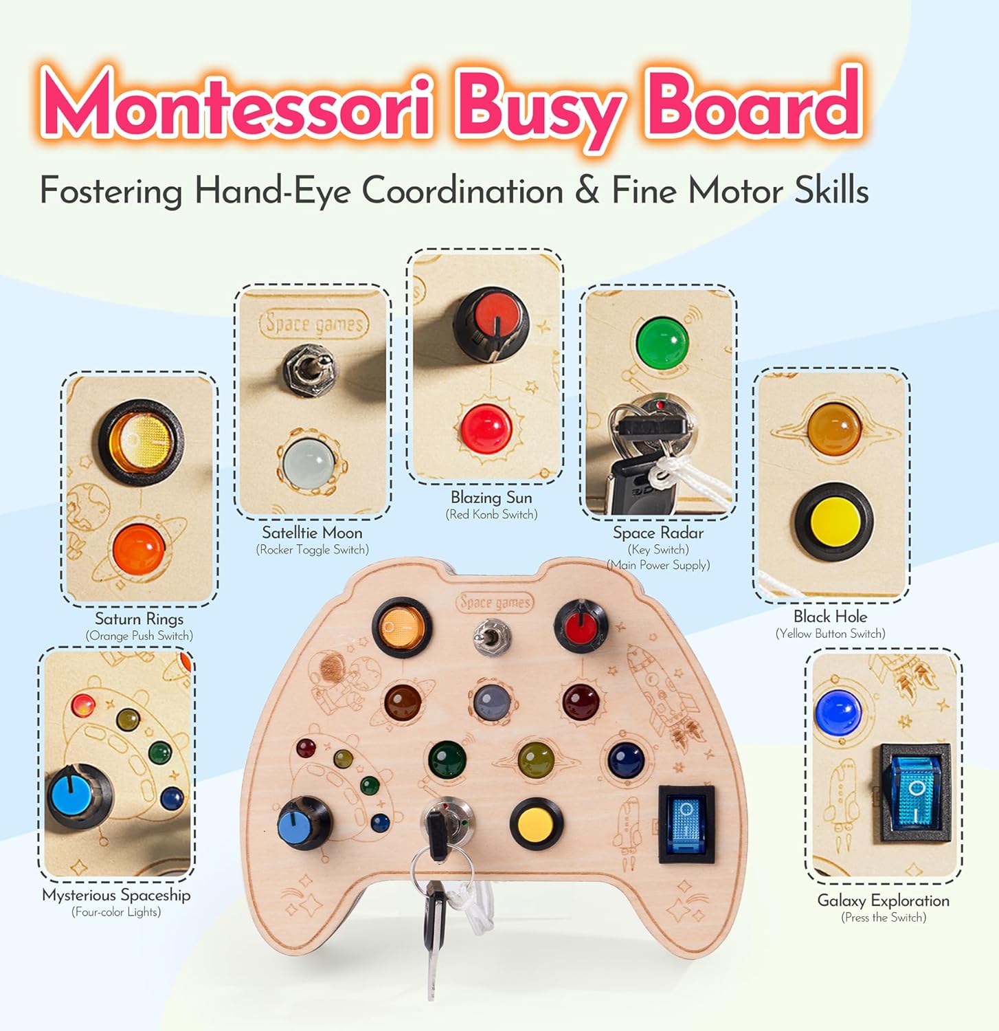 KidMigo Montessori Tablero Sensorial de Madera con Interruptor de Luz LED, Interruptores de Llave para Habilidades Motoras, Juguetes Sensoriales para Niños de 2 a 5 Años en Adelante