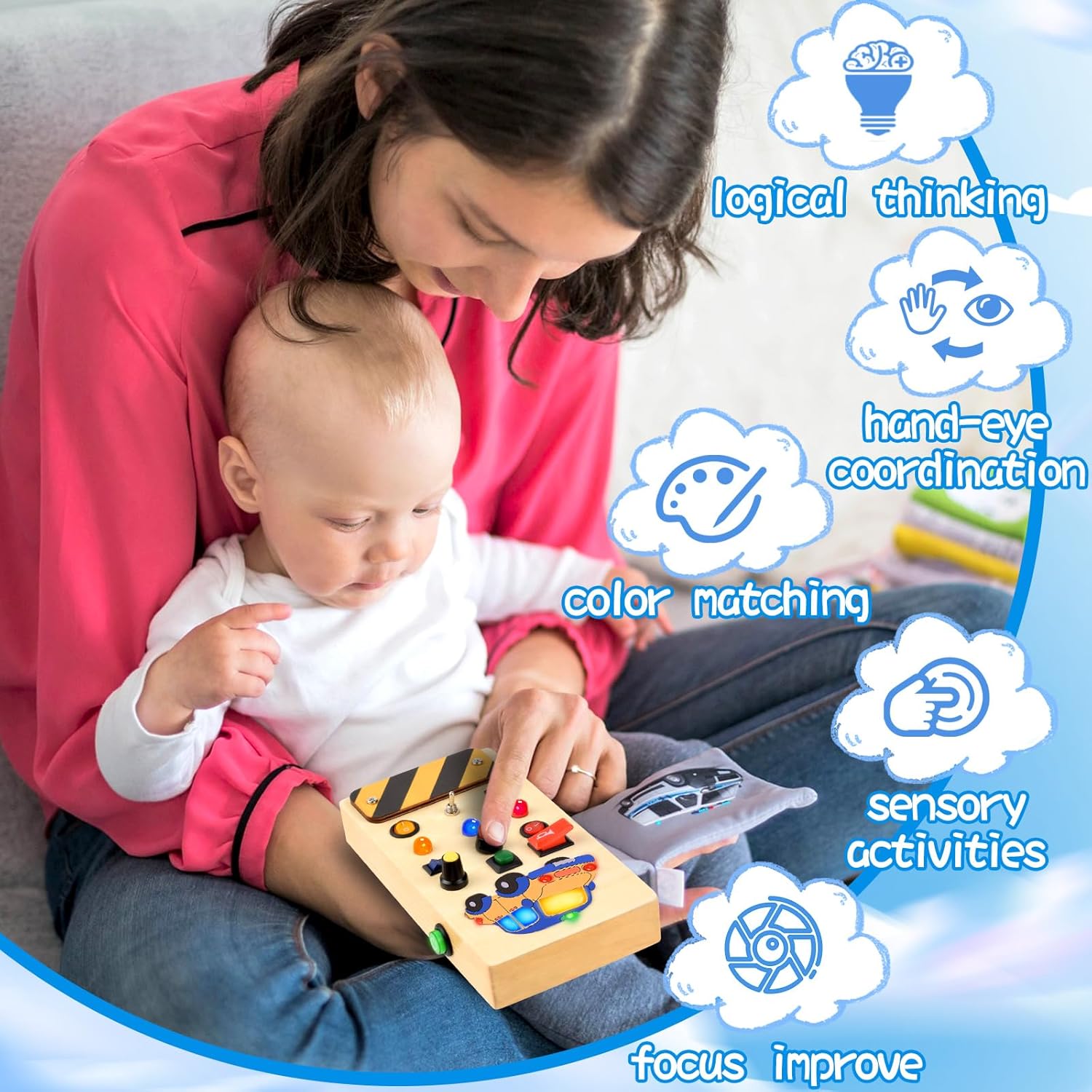 POLKRANE Tablero ocupado con luz LED, juguetes Montessori con interruptor de palanca, juguetes sensoriales para niños pequeños 1-3, juguetes de viaje para actividades educativas para niños pequeños
