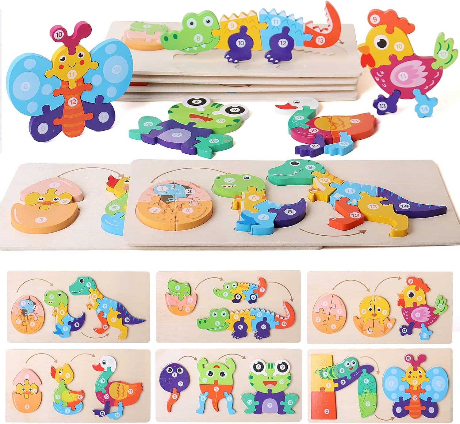 Fidtoy Puzzle 3D cognitif de croissance animale - Animaux aléatoires, Puzzle de croissance animale en bois avec pièces numérotées, Jouet d'apprentissage Montessori sur la nature pour enfants