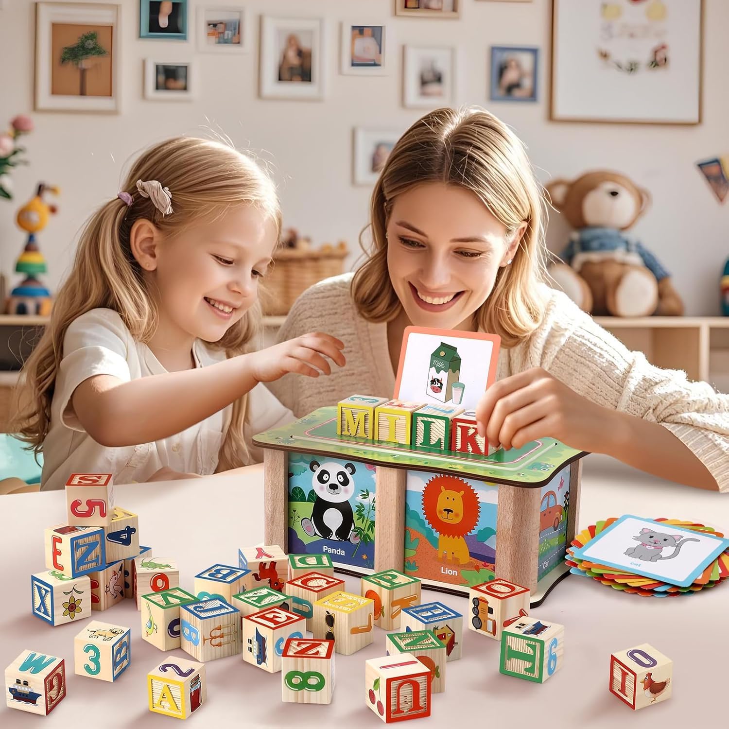 Fidtoy Wooden Word Building Block Box with Cards , Wooden Alphabet Blocks and Picture Cards Set with 27 Blocks, 20 Double-Sided Cards and Storage Box Ages 3+