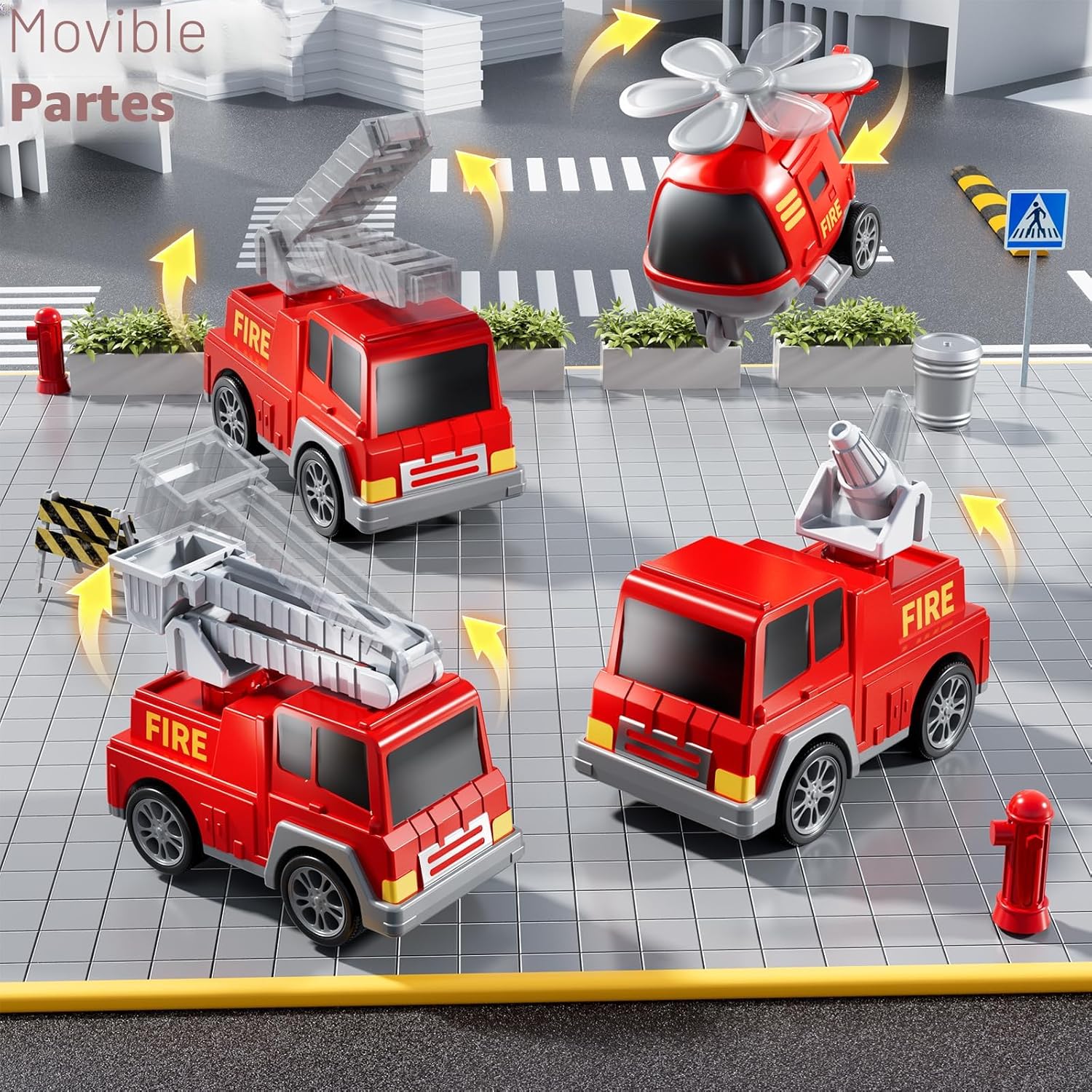 Camion de pompier Fidtoy 5-en-1 avec hélicoptère, échelle, lumières et sons pour enfants