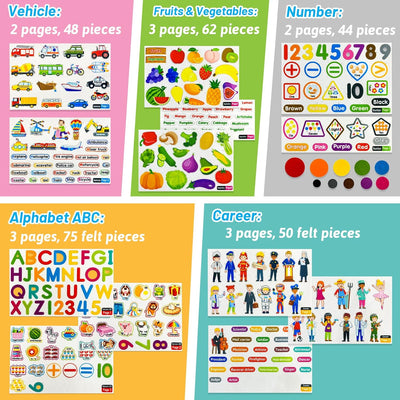 PENGFULL 5 Felt Learning Pieces Set,Alphabet Letters Fruits and Vegetables Numbers Community Helpers Transportation Learning Pieces,for Felt Flannel Board, for Toddlers Kindergarten Preschool