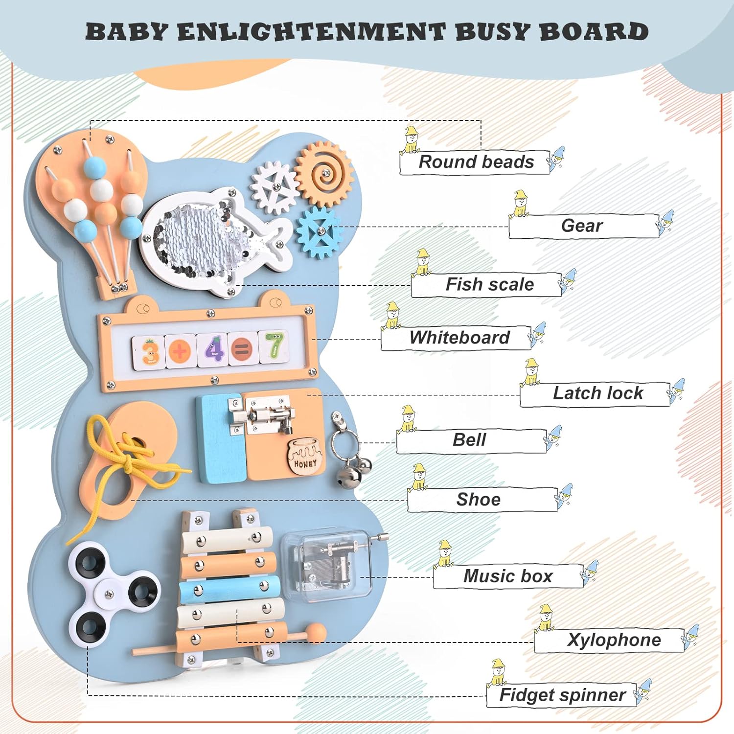 Fidtoy Montessori Busy Board Juguete para Niños Pequeños Tabla de Actividades de Madera con Xilófono Musical Cerraduras Cuentas Juguete de Aprendizaje de Habilidades Motoras Finas Juguete Silencioso de Viaje