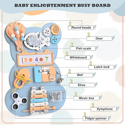 Fidtoy Montessori Busy Board Juguete para Niños Pequeños Tabla de Actividades de Madera con Xilófono Musical Cerraduras Cuentas Juguete de Aprendizaje de Habilidades Motoras Finas Juguete Silencioso de Viaje
