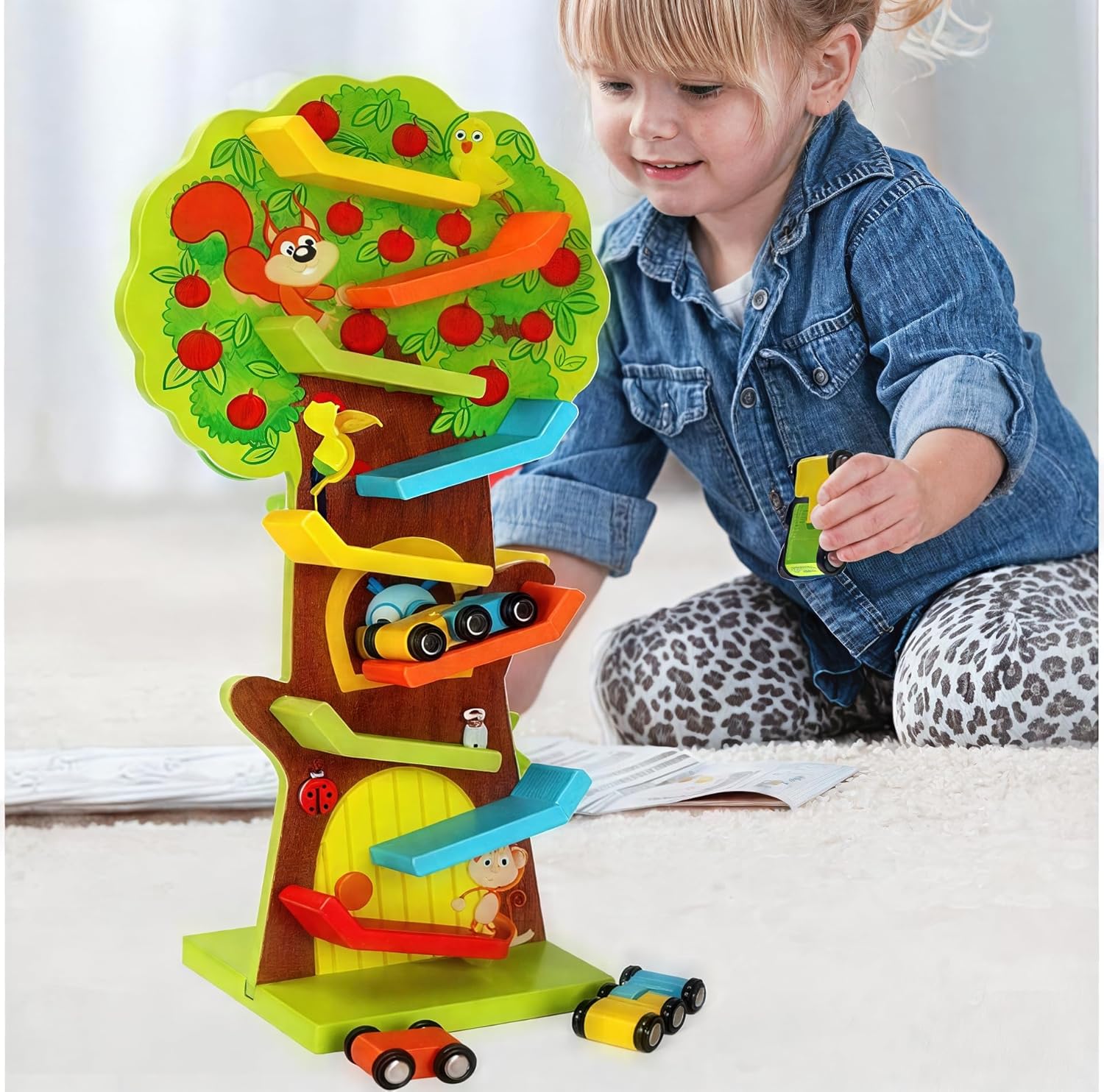 Fidtoy Pista de Rampa de 9 Niveles de Madera y Set de Juego de Coches de Carreras – Juguete de Desarrollo para Niños Pequeños